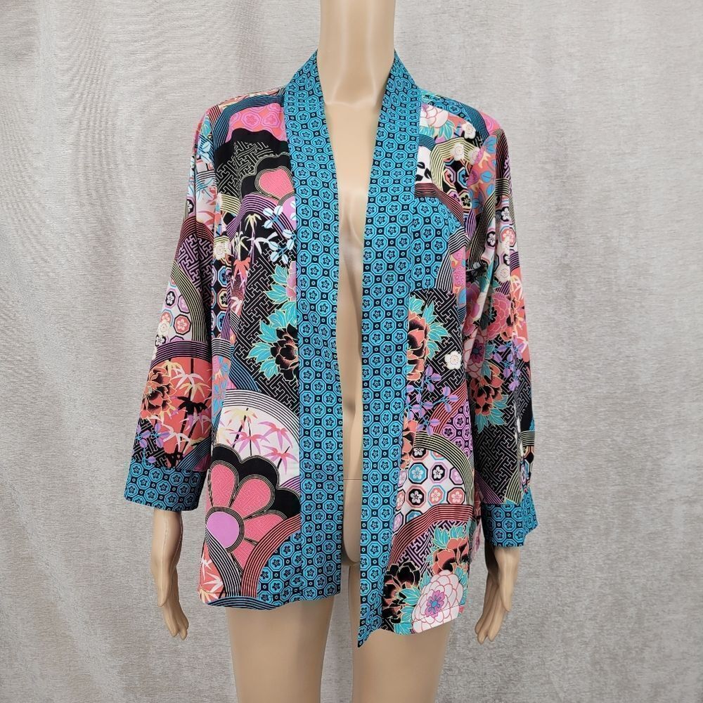 Bob Mackie Wearable Art Colorful Kimono Jacket Duster Cardigan Retro Pattern